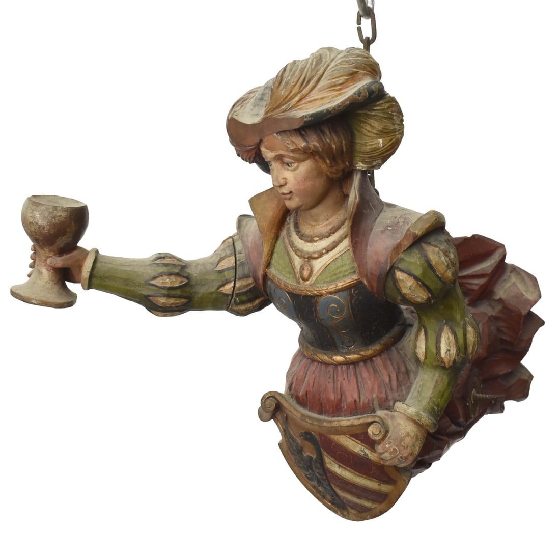 Medieval style Wood Pub Sign: Antique Medieval style Carved and Polychrome Painted Wood Wall Mounted Figural Pub Ornament. Probably German depicting a woman in Elizabethan style dress and hat holding a wine cup. Measures 16-3/4" H