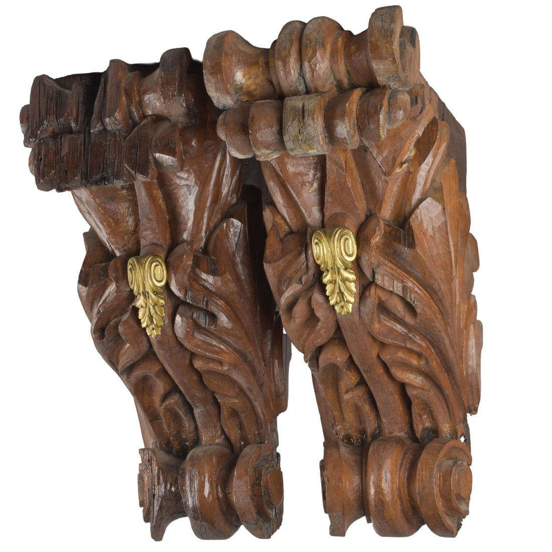 Pair of Wood Corbels: Large Pair of Antique Neoclassical style Carved Wood Architectural Corbels / Brackets with Later Added Gilt Bronze Ornament. Measure 19" H, 15" D, 7" W. Condition: Wood losses and cracks consistent wi