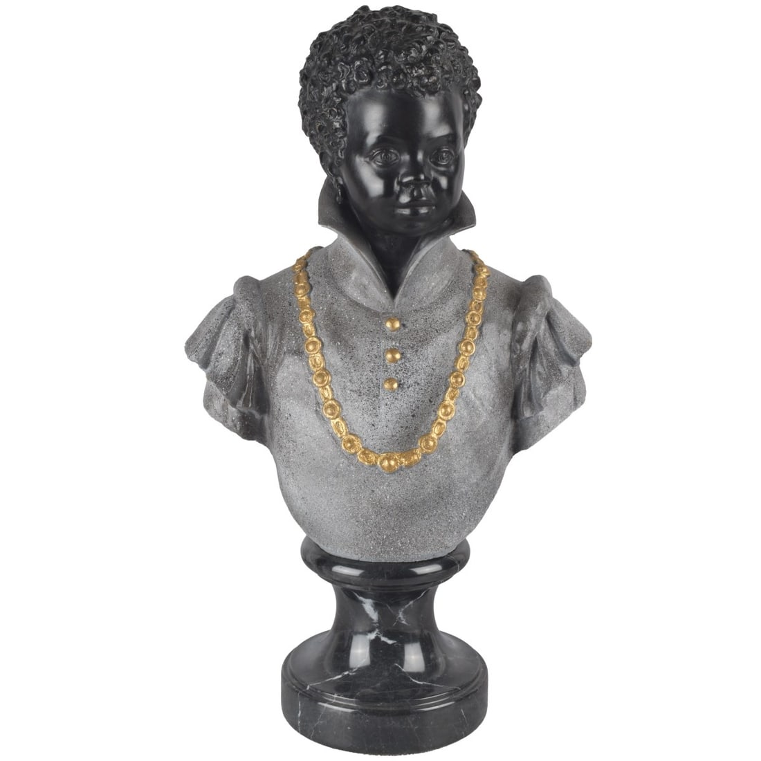 Blackamoor Youth Bust: Vintage Blackamoor Youth Bust on Marble Base. Appears to be painted white metal. Not signed. Measures 21" H, 13" W, 6" D; base measures 6-1/4" diam. Condition: Very good condition. Estimate: $200.00