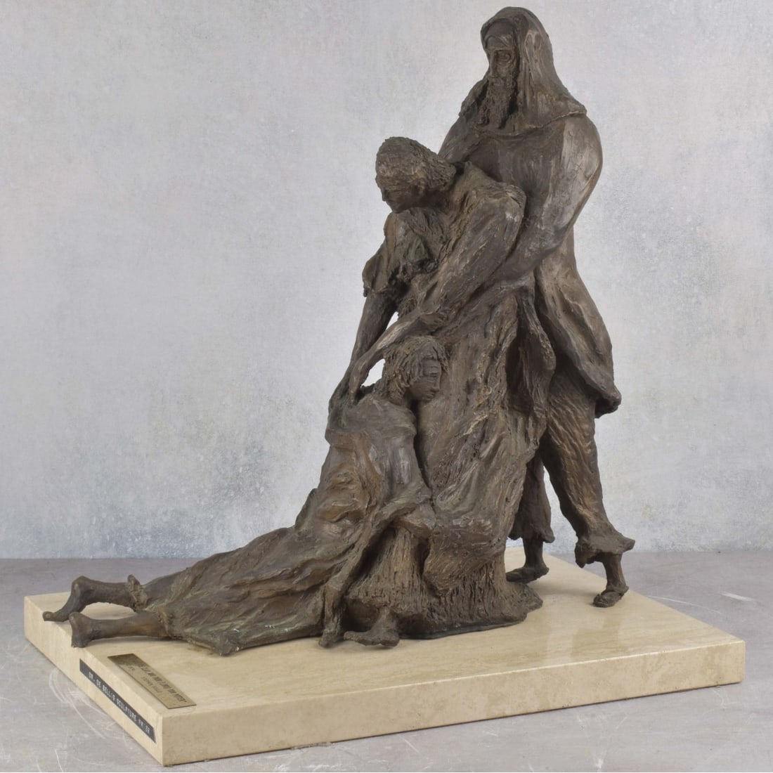 Stephen Gould Sculpture: Stephen Gould "WE ARE THE CLAY, AND THOU (LORD) OUR POTTER" Fiberglass Sculpture on a Rectangular Marble Base with Affixed Plaque. Sculpture measures: 19" high, 18" wide, 9" deep, base measures: