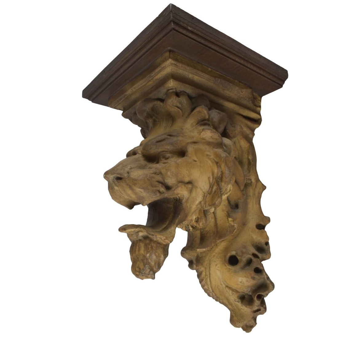 Lion Head Wall Sconce: Vintage Composition Lion Head Wall Sconce with Wood Shelf. Measures 15" H, 8-3/4" W, 9-1/2" D. Condition: Good vintage condition. Slight rubbing to lion's nose tip. Needs cleaning. Estimate: $50.00 -