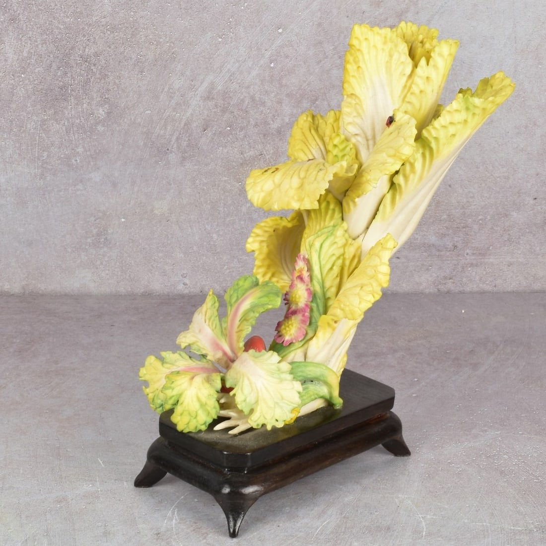 Antique Chinese Bok Choy: Antique Polychromed Bone Carving of Bok Choy Cabbage and Beetle Mounted onto a Wood Stand. Carving measures: 7-3/4"m high, 6-1/2" wide, 4" deep, stand measures:21-1/2" high. Kodner Galleries offers