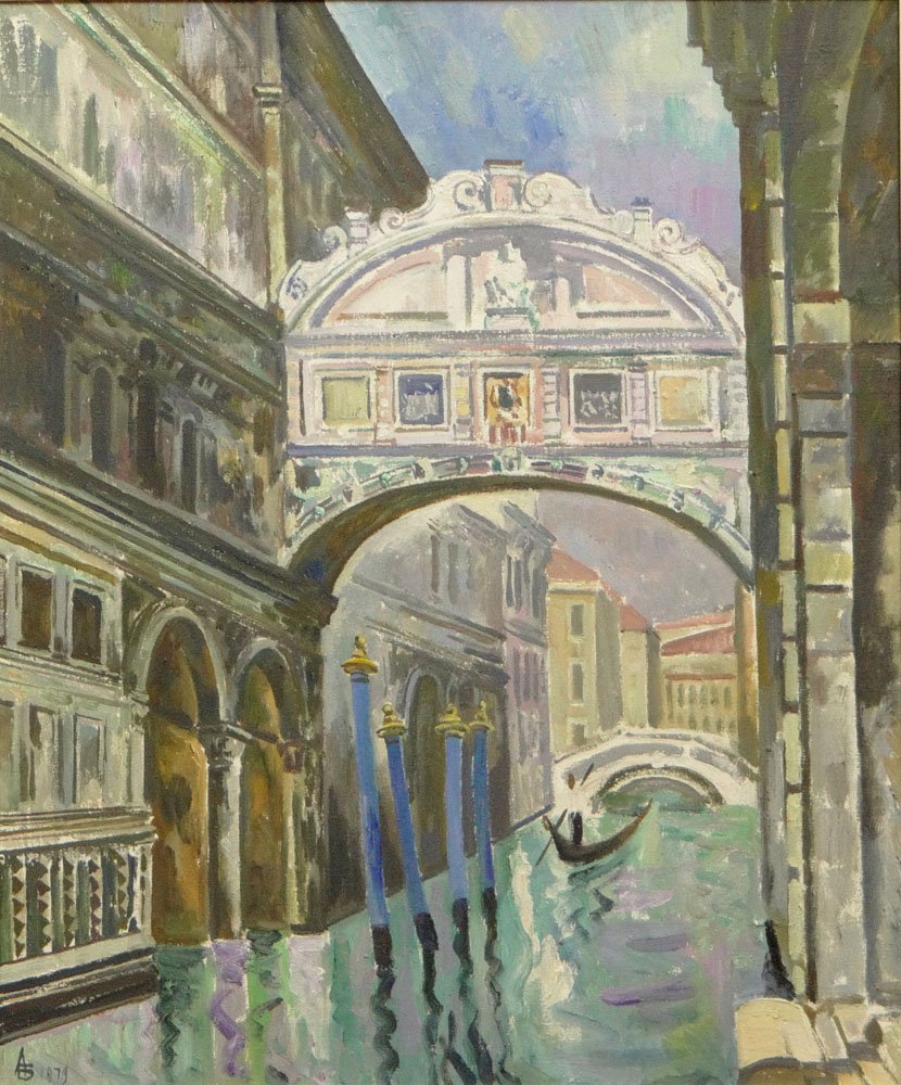 Andrei (Andrey) Bliok, Russian (Born 1946-) Circa 1979: Andrei (Andrey) Bliok, Russian (born 1946-) Circa 1979 Oil on Canvas "Venetian Bridge". Artist's Monogram and Dated Lower Left. Good Condition or Better. Measures 20-1/2 Inches Tall and 16-1/2 Inches 