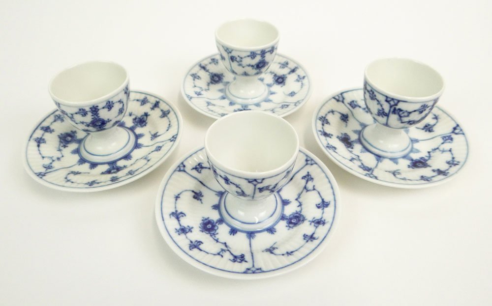 Four (4) Royal Copenhagen, Denmark Blue Fluted Plain Eg: Four (4) Royal Copenhagen, Denmark Blue Fluted Plain Egg Coddlers. Signed Royal Copenhagen, Denmark, Logo, Wavy Lines in Under Glaze Blue, Artist Signed Monogram and 1/117. Wear from Use or else Good 