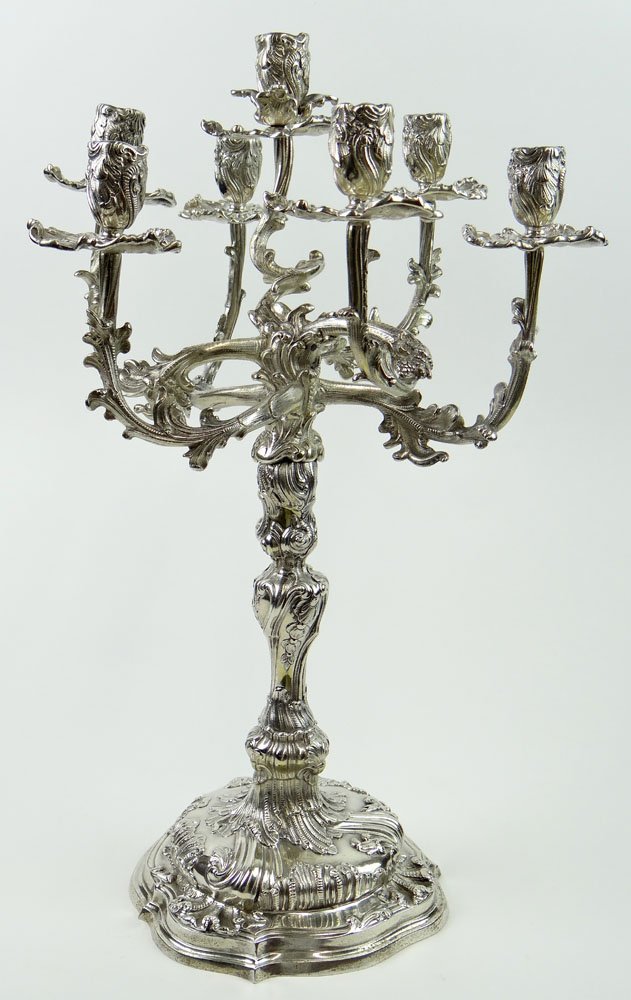 19th Century Carl Schnauffer, Dresden Germany 0.800 Con: 19th Century Carl Schnauffer, Dresden Germany 0.800 Continental Silver Seven (7) Light Candelabrum. Signed 0.800, Schnauffer and Dresden. Good to Very Good Condition. Weighs 119.64 Troy Ounces. Measur