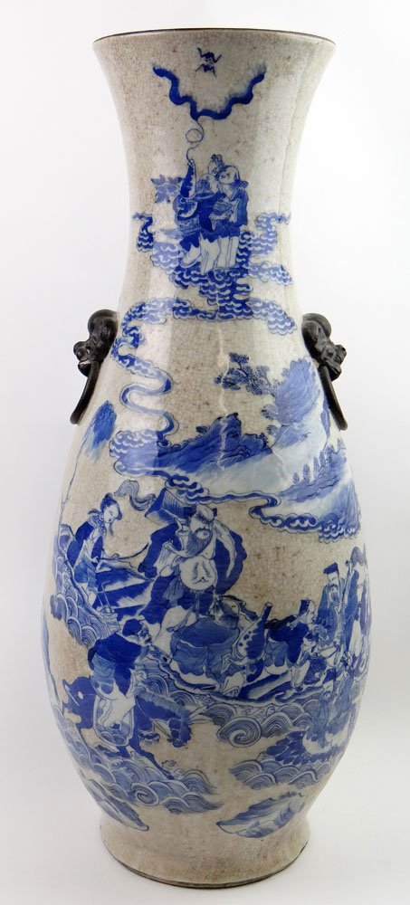 Large 19/20th Century Ming Ch'eng Hua style Chinese Blu: Large 19/20th Century Ming Ch'eng Hua style Chinese Blue and White Decorated Crackle Glaze Vase with Buddhist Lion Mock Ring Handles. Apocryphal Incised Ch'eng Hua Mark to Base. Chip to Rim and Damage