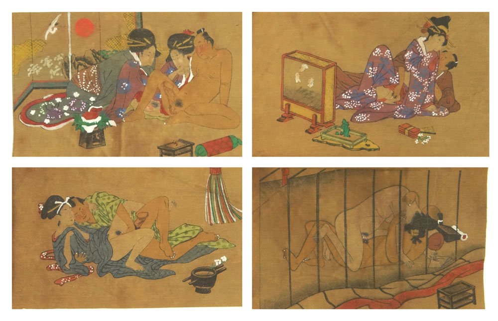 Set Of Four (4) Erotic 19/20th Century Japanese Shunga: Set of Four (4) Erotic 19/20th Century Japanese Shunga Mixed Media on Woven Linen Paintings. Unsigned. Provenance: ex Collection Charles Martignette, Florida. His Collection was Featured in the French