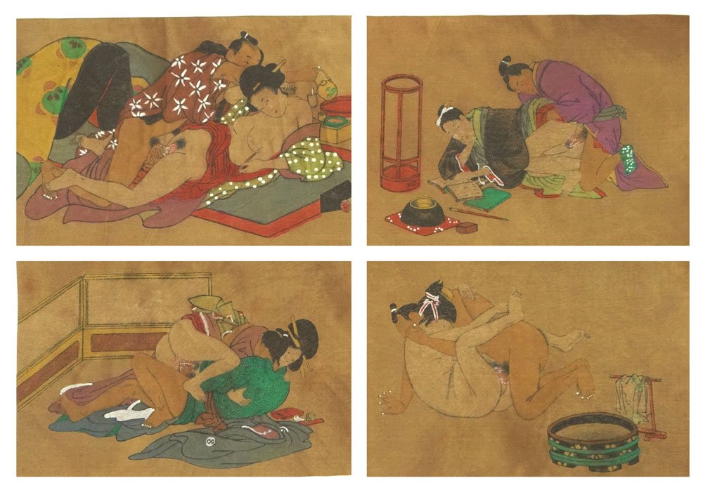 Set Of Four (4) Erotic 19/20th Century Japanese Shunga: Set of Four (4) Erotic 19/20th Century Japanese Shunga Mixed Media on Woven Linen Paintings. Unsigned. Provenance: ex Collection Charles Martignette, Florida. His Collection was Featured in the French