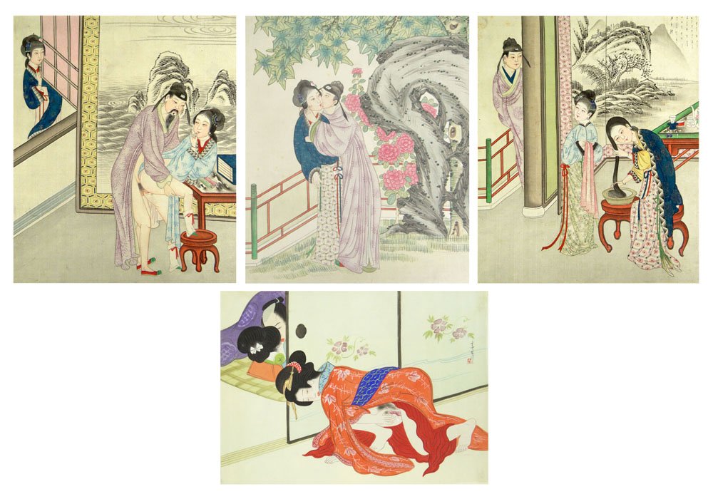 Set of Four (4) Erotic 20th Century Japanese Shunga Mix: Set of Four (4) Erotic 20th Century Japanese Shunga Mixed Media on Silk Paintings. One (1) Signed, the other Three (3) Unsigned. Provenance: ex Collection Charles Martignette, Florida. His Collection 