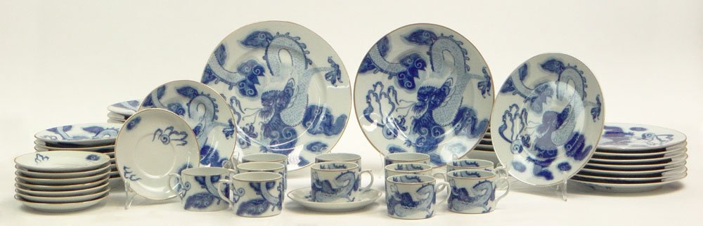 Fifty Three (53) Piece Vista Alegre Portugal for Tiffan: Fifty Three (53) Piece Vista Alegre Portugal for Tiffany & Co. Porcelain Dinner Service in a Blue Chinese Dragon Pattern Including: Nine (9) Dinner Plates; Eight (8) Soup Plates; Eight (8) Salad Plate