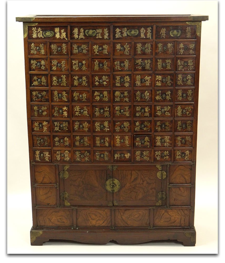 19th Century Chinese Brass Mounted Burl and Elmwood Apo: 19th Century Chinese Brass Mounted Burl and Elmwood Apothecary Chest on Stand. Drawer Fronts Inscribed in Chinese Characters with Medicinal Names. Rubbing and Wear to Surfaces Consistent with Age and 