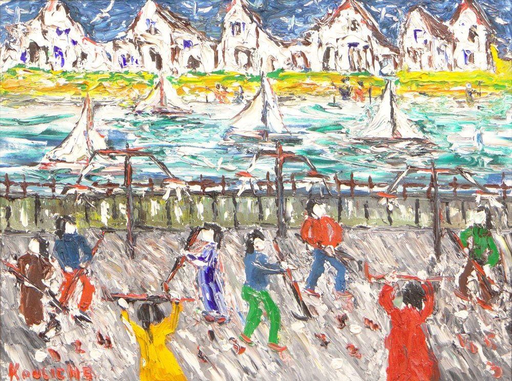 Michael Kouliche, French (Born-1922) Circa 1976 Oil On: Michael Kouliche, French (born-1922) Circa 1976 Oil on Canvas "Summer Games". Signed Lower Left, Signed and Titled (illegible) en verso. Good Condition or Better. Measures 18 Inches Tall and 24 Inches