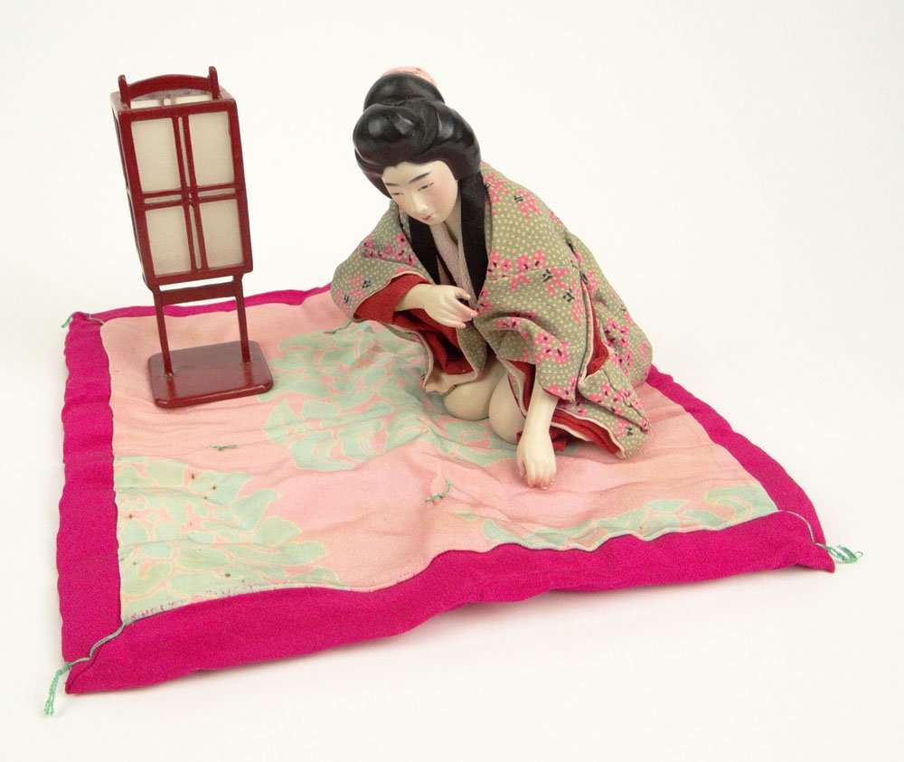 Erotic 20th Century Japanese Bisque Girl with Cloth Rob: Erotic 20th Century Japanese Bisque Girl with Cloth Robe, Carpet and Set Design Shunga Scene. Unsigned. Provenance: ex Collection Charles Martignette, Florida. His Collection was Featured in the Frenc
