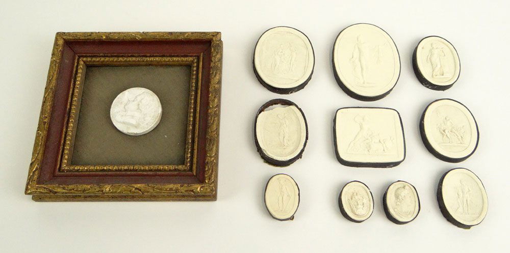 A Collection of Ten (10) 19/20th Century Grand Tour Pla: A Collection of Ten (10) 19/20th Century Grand Tour Plaster Intaglios Together with a Framed 19/20th Century Plaster Intaglio "Mozart". Unsigned. Minor Cracks/Losses to Three (3) Grand Tour Intaglios