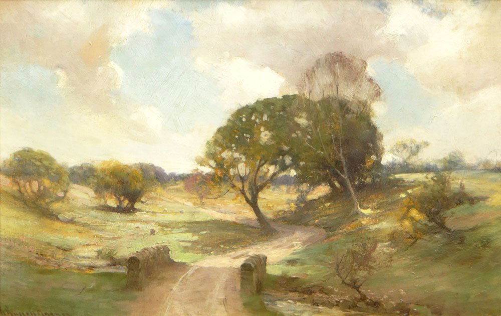 Robert Russell MacNee, Scottish (1880-1952) Oil on Canv: Robert Russell MacNee, Scottish (1880-1952) Oil on Canvas, "Landscape with Bridge". Signed Lower Left. Retouching and Restoration to Cloud Area Otherwise Good Condition. Measures 12 Inches Tall and 18
