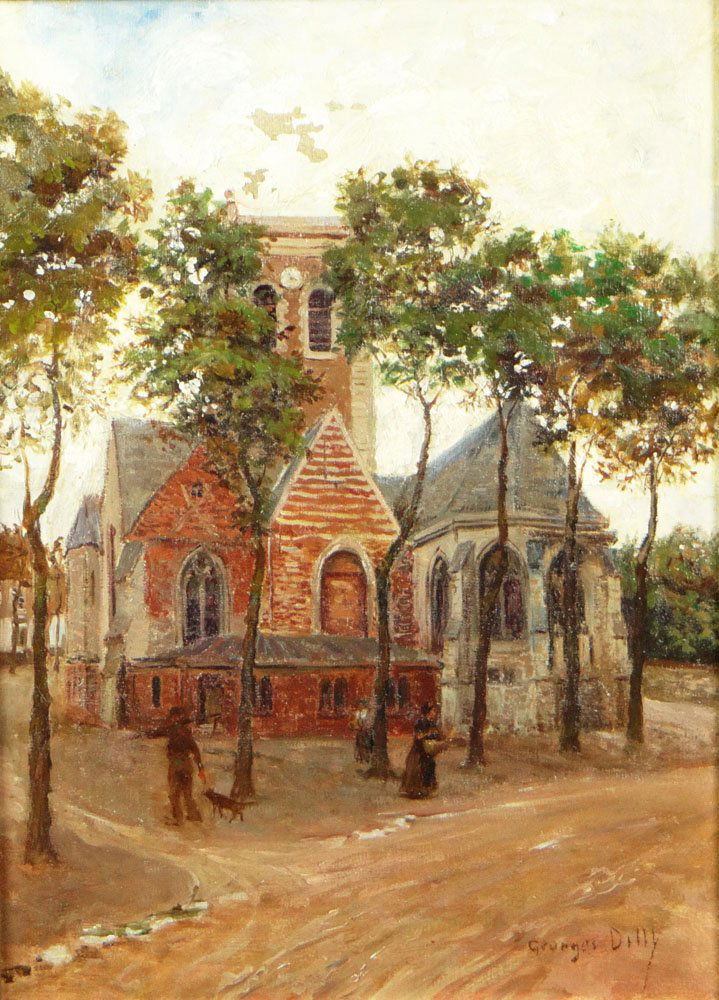 Georges Hippolyte Dilly, French (1876-1942) Oil on Canv: Georges Hippolyte Dilly, French (1876-1942) Oil on Canvas "View of Church in Town". Signed Lower Right. Paint Flaking Upper Center, Otherwise Good Condition. Measures 16 Inches Tall and 11 Inches Wide