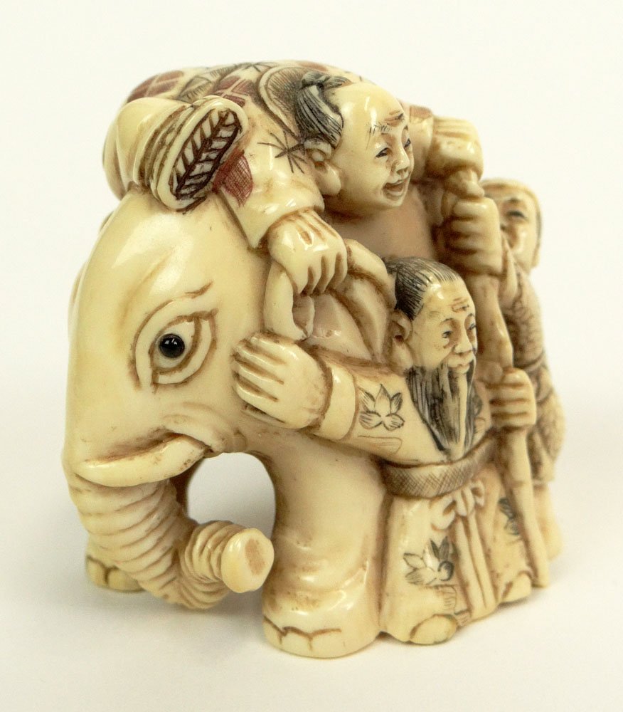 20th Century Chinese Carved Ivory Netsuke "Man Atop Ele: 20th Century Chinese Carved Ivory Netsuke "Man Atop Elephants Back" Signed. Good to Very Good Condition. Measures 2 Inches Tall. Shipping $20.00
