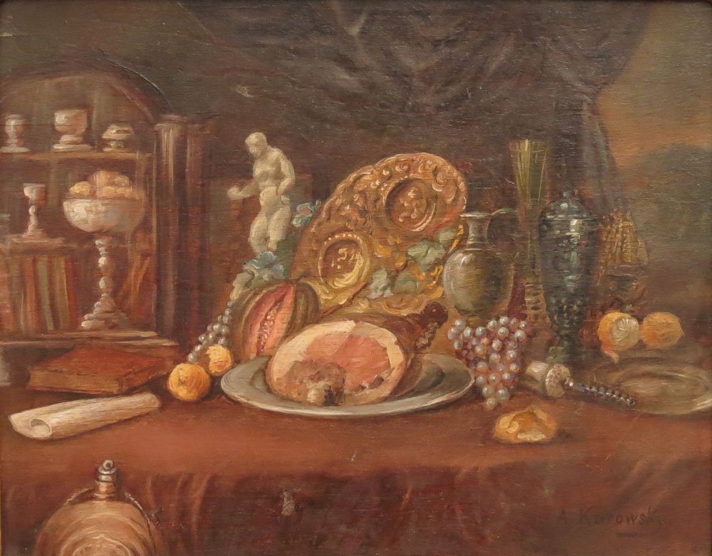 19/20th Century Continental School Oil On Panel "Still: 19/20th Century Continental School Oil on Panel "Still Life with Ham" Signed A. Karowsky Lower Right. Minor Surface Scratches/Rubbing Otherwise Good Condition, Losses to Carved Wood Frame. Measures 8-