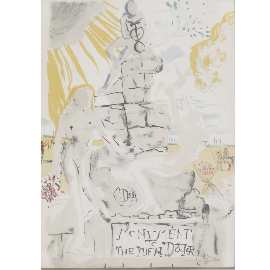 Salvador Dali, Spanish (1904-1989): Salvador Dali, Spanish (1904-1989) Rare Limited Edition Colored Lithograph "The Monument to the Ideal Doctor". Window frame under Plexiglass. Artist signed and numbered "XXXVI/CL" in pencil on arches 