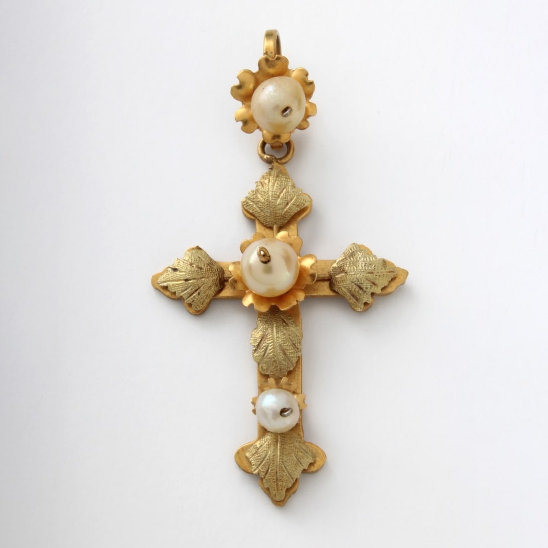 Antique Pearl and 14K Pendant: Antique 19th Cent. Natural Pearl and 14 Karat Yellow Gold Cross Pendant. Measures 2-1/8" L, 1-1/8" W. Approx. weight: 3.73 grams. Kodner Galleries offers phone and absentee bidding at a low, flat 21% 