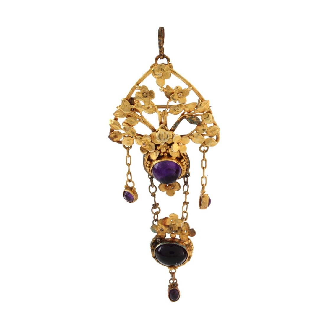 Antique Amethyst and 18K Brooch: Antique Circa 1890-1900 Art Nouveau Cabochon Amethyst and 18 Karat Yellow Gold Pendant / Brooch. Measures 3-1/4" L, 1-1/8" W. Approx. weight: 10.69 grams. Kodner Galleries offers phone and absentee bi