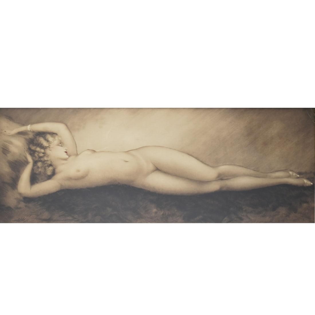 Louis Icart, French (1888 - 1950) "Repose": Louis Icart, French (1888 - 1950) "Repose (Sommeil)" Icart's Largest Ever Produced Colored Etching and Drypoint on Paper. Custom framed under Plexiglass. Cut out bottom right-hand corner reading Repos