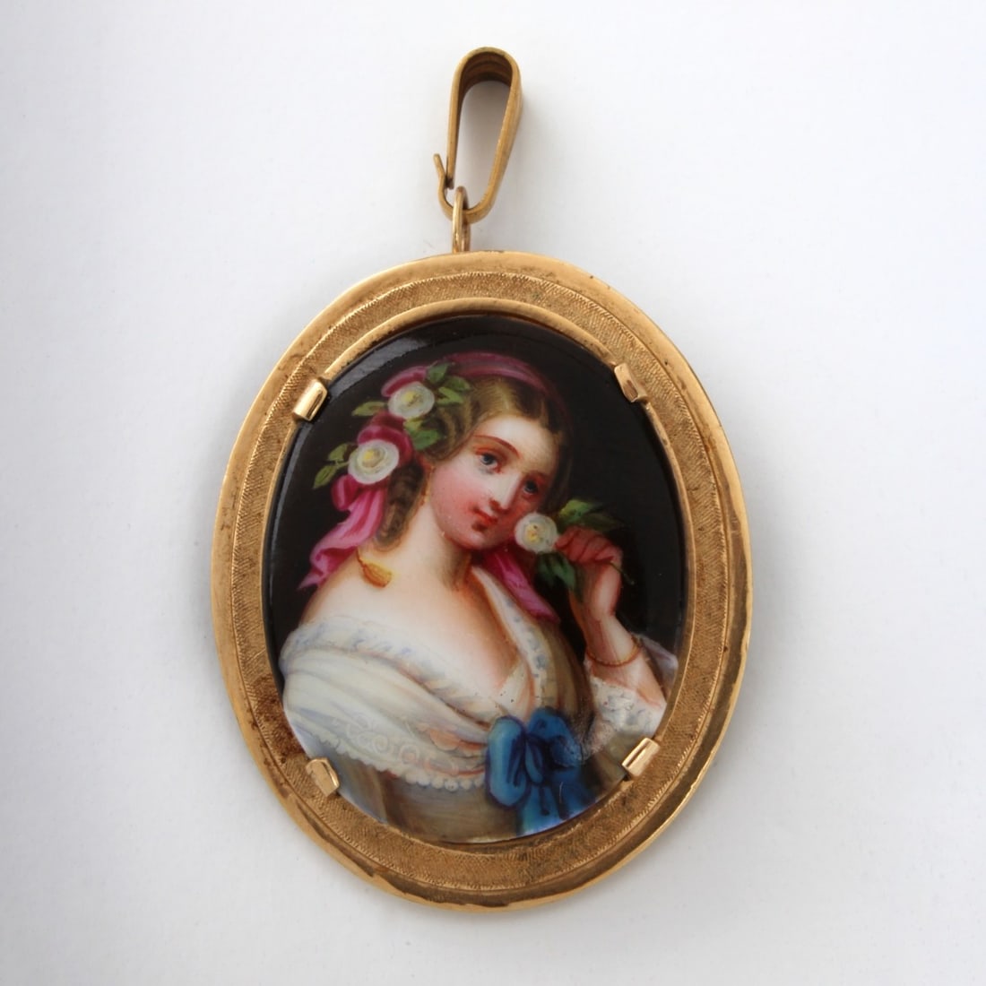Antique Porcelain and 14K Pendant / Brooch: Antique Hand Painted Porcelain and 14 Karat Yellow Gold Pendant / Brooch. Stamped 14K. Measures 1-1/2" H, 1-1/2" W. Approx. weight: 9.80 grams. Kodner Galleries offers phone and absentee bidding at a 