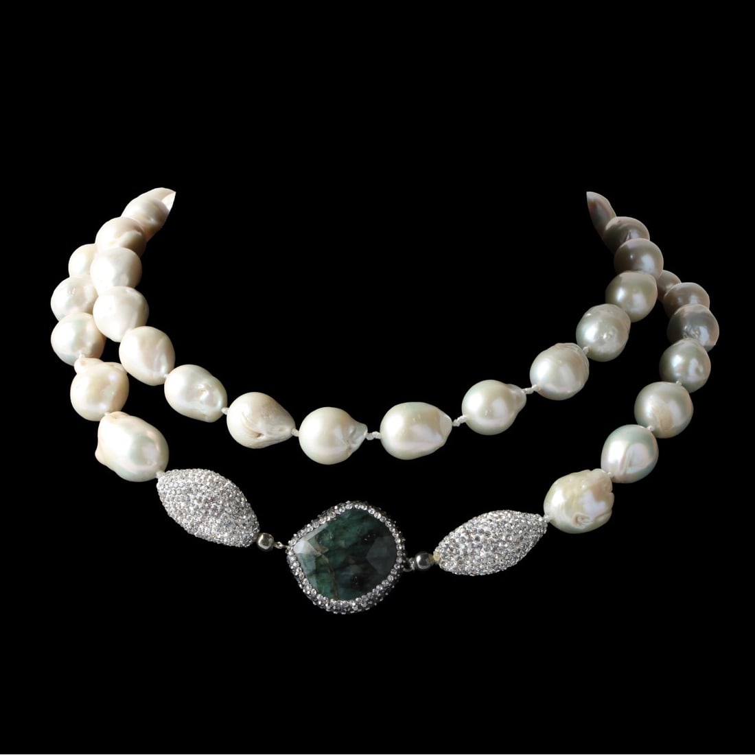 South Sea Pearl Necklace: Vintage Huge South Sea Baroque Pearl Necklace and Sterling Silver Necklace with Quartz and Cubic Zirconia Accents. Pearls measure approx. 13.0-16.0mm. Necklace measures 37" L/ Approx. weight: 203.89 g