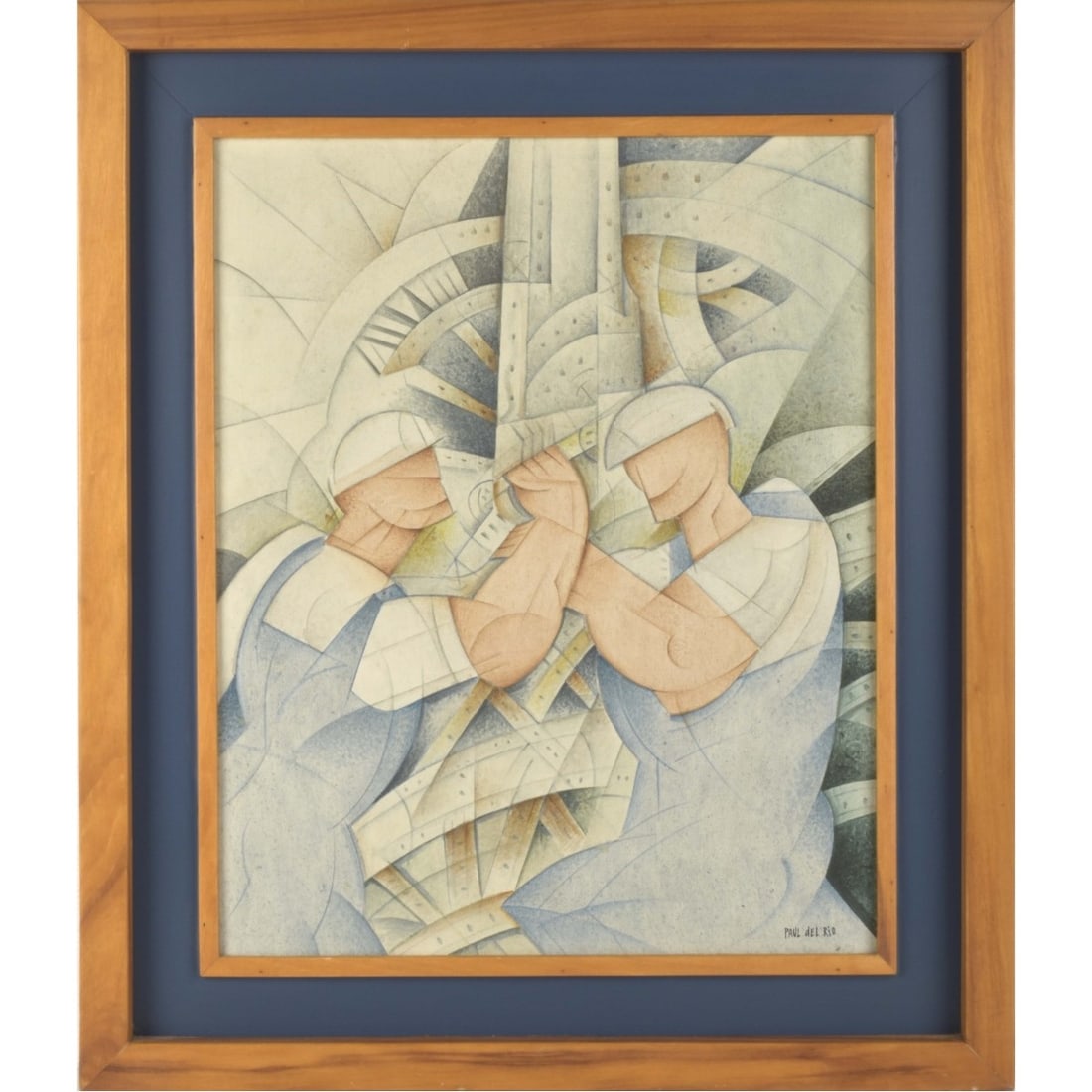 Paul del Rio, Venezuelan (20th Century): Paul del Rio, Venezuelan (20th Century) "Dos Obreros (two workers)" Abstract Acrylic on Canvas. Signed bottom right hand corner and titled and dated 1981 to the back. Image area measures: 19-1/4" high