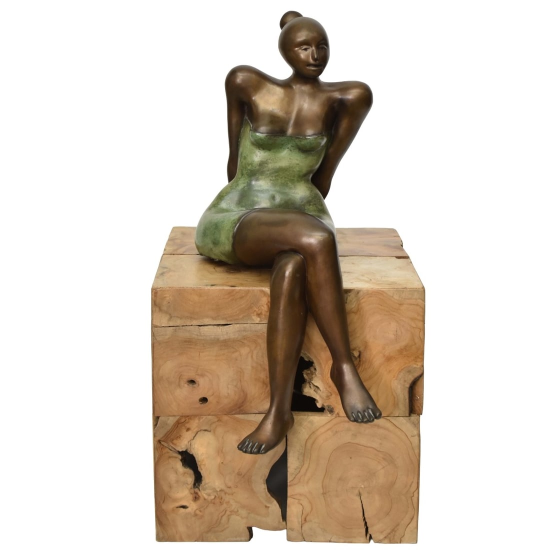 Alejandeo Toro Bronze Sculpture of a Woman: Vintage Patinated Bronze Sculpture of a Resting Woman. Cube table is for display purposes only, not included with sculpture. A COA will be provided. Sculpture measures: 16" high, 11-1/2" wide, 27" lon