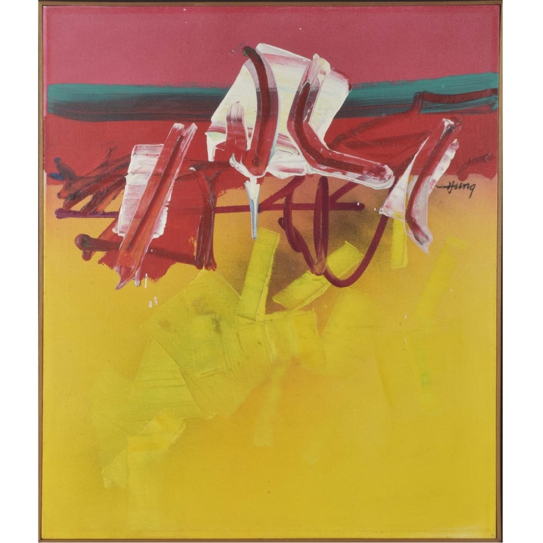 Francisco Hung, Chinese-Venezuelan ( 1937-2001): Francisco Hung, Chinese-Venezuelan ( 1937-2001) "Al Calor" Abstract Acrylic on Canvas. Signed to the front and back marked 50/60 1991. Image area measures: 24" high, 20" wide, frame measures: 28-1/4" 