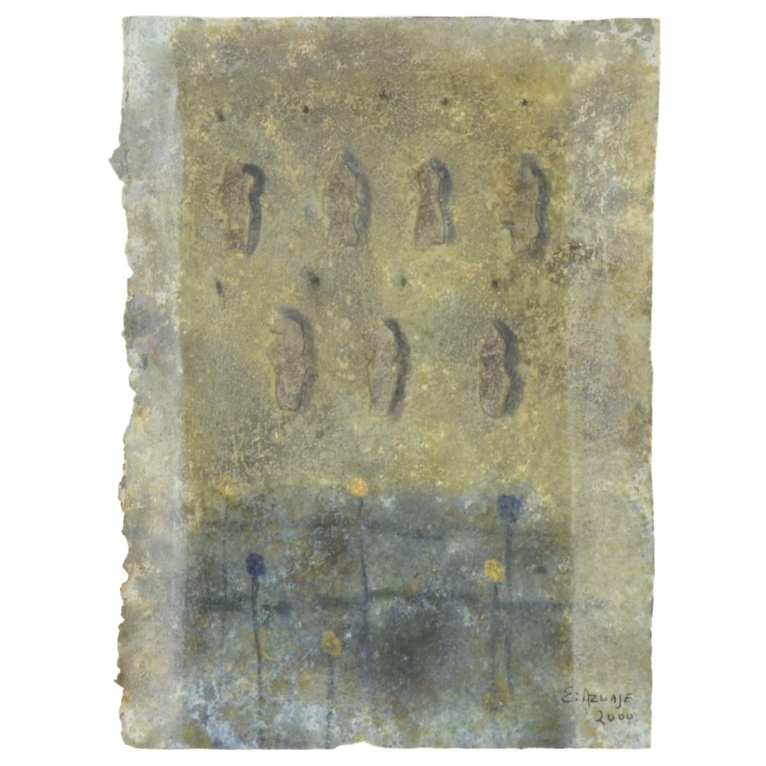 Eduardo Azuaje, Venezuela (20th Century): Eduardo Azuaje, Venezuela (20th Century) Oil on Cloth. Window box frame under glass. Artist signed and dated 2000. Image area measures: 11-1/2" high, 8-1/2" wide, frame measures: 16-1/2" high, 13-1/2"