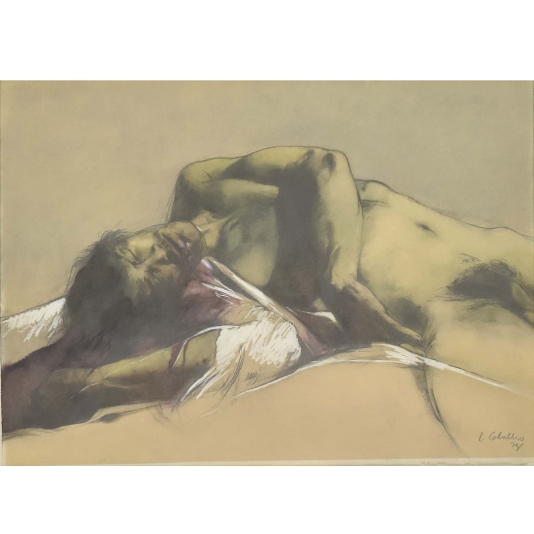 Luis Caballero, Colombian (1943-1995): Luis Caballero, Colombian (1943-1995) Erotic Drawing of a Male Image on Arches France Paper. Framed under Plexiglass. Signed and dated 74. Image area measures: 21-1/2" high, 29-1/2" wide, frame measur