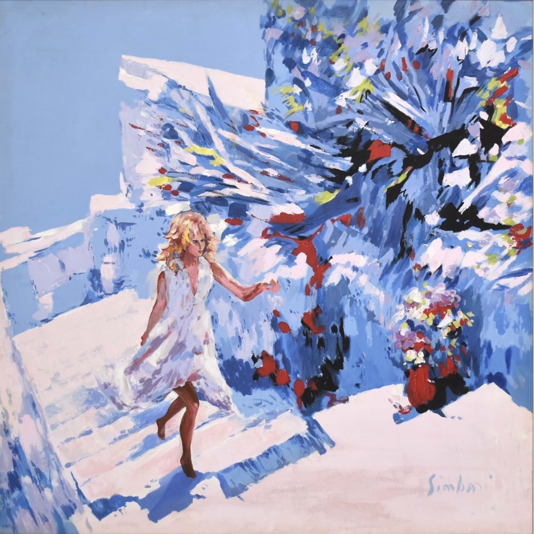 Nicola Simbari, Italian (1927-2012): Nicola Simbari, Italian (1927-2012) "Steps" Oil on Canvas. Framed. This artwork was obtained directly from Verdome Publishing, the exclusive distributor of all Simbari works in the U.S.A. Signed botto