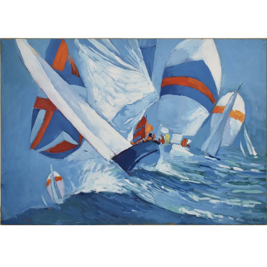 Nicola Simbari, Italian (1927-2012): Nicola Simbari, Italian (1927-2012) " Pantelleria" Oil on Paper Mounted to Canvas. Unframed. Depicting a blue boat on a crest of a wave with spinnakers in full wind. Signed bottom right hand corner. M