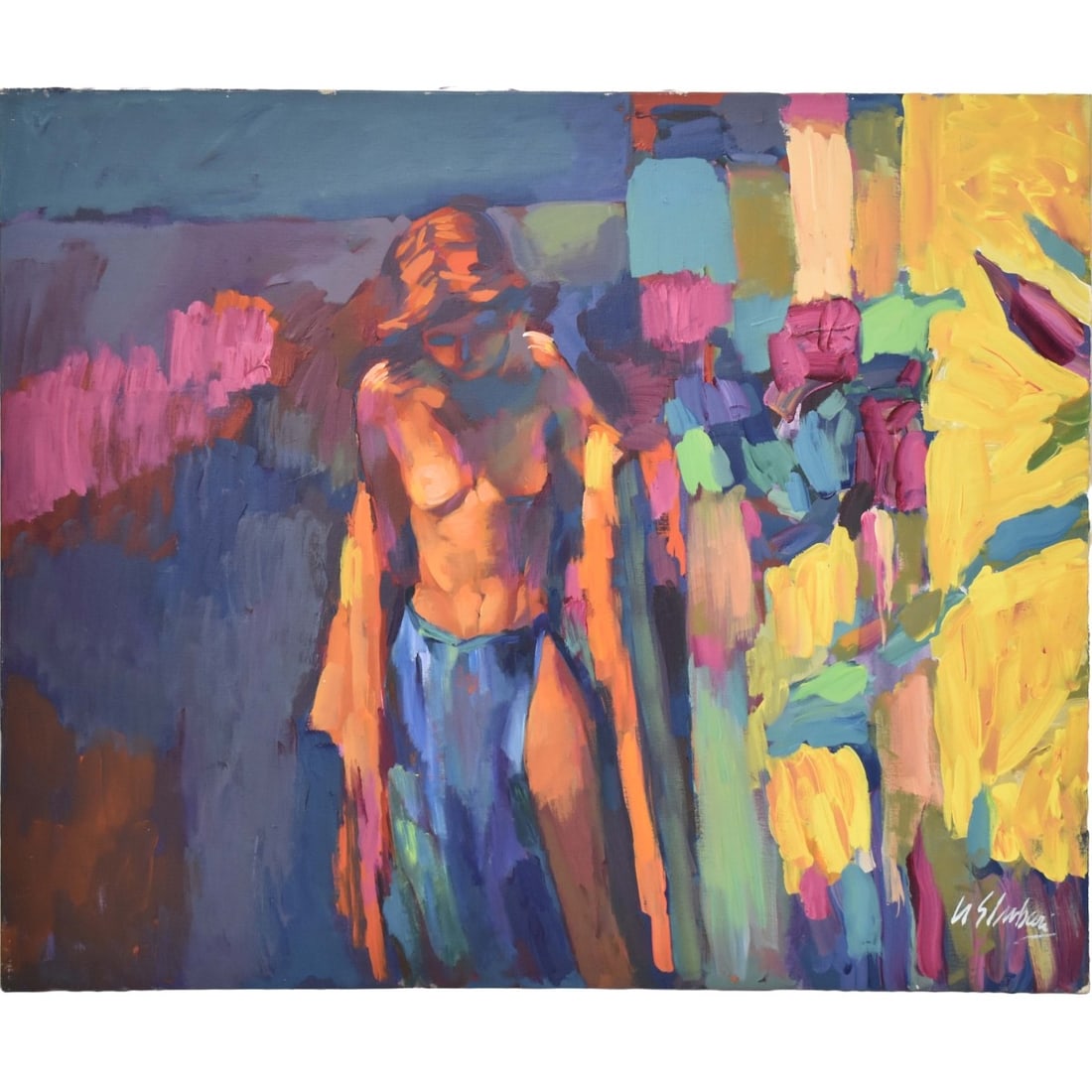 Nicola Simbari, Italian (1927-2012): Nicola Simbari, Italian (1927-2012) " Afternoon in Ischia" Oil on Canvas. Unframed. Depicting a topless female in a colorful tropical landscape. Signed bottom right hand corner and dated 1990 to the b