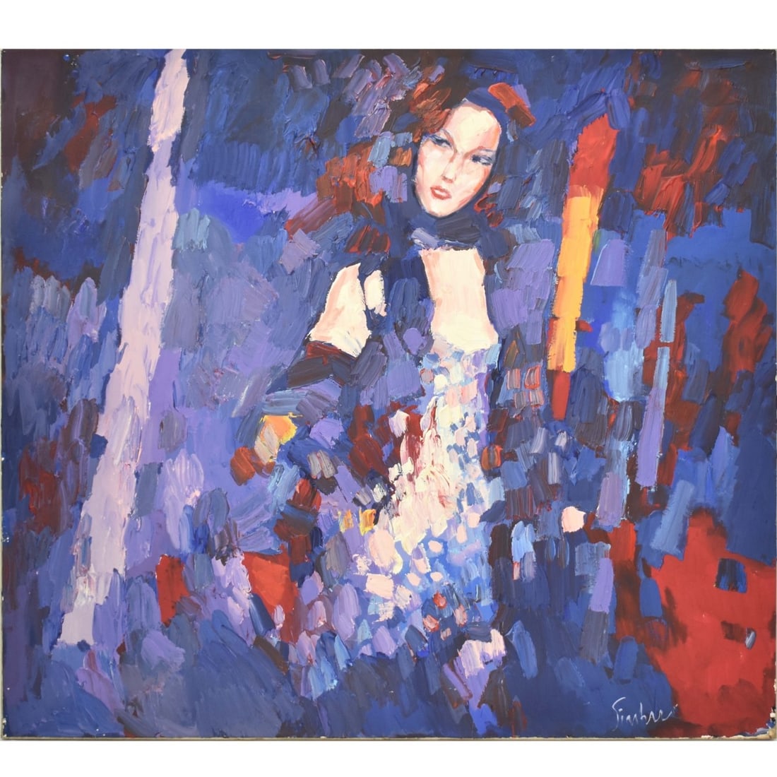Nicola Simbari, Italian (1927-2012): Nicola Simbari, Italian (1927-2012) " Kathy" Oil on Canvas. Unframed. Depicting a female in an evening dress standing and facing out. Signed bottom right hand corner. Measures: 43" high, 471/2" wide. 