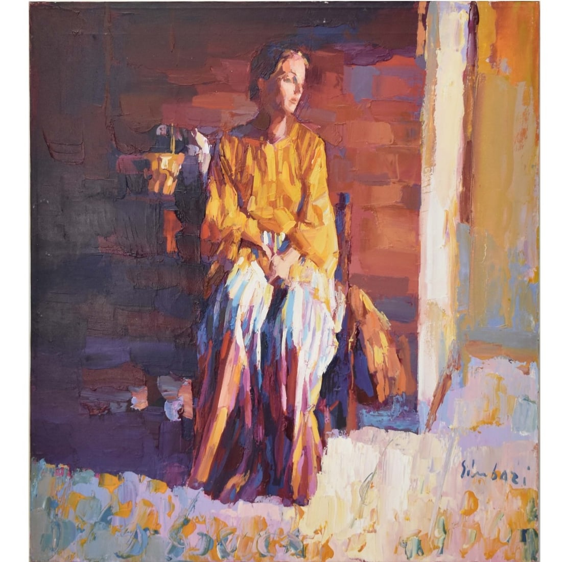 Nicola Simbari, Italian (1927-2012): Nicola Simbari, Italian (1927-2012) " Pomeriggio" Oil on Canvas. Unframed. Depicting an interior scene of a young female seated in a chair with her arms crossed. Signed bottom right hand corner. Measu