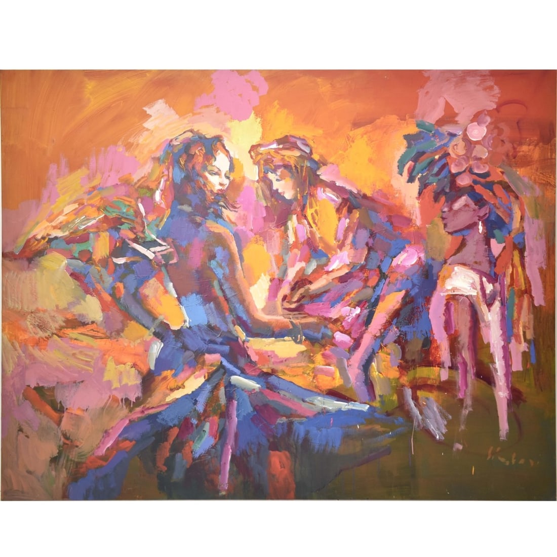 Nicola Simbari, Italian (1927-2012): Nicola Simbari, Italian (1927-2012) " Back at the Crazy Horse" Oil on Canvas. Unframed. Depicting an interior scene of three partially nude dancers in costumes. Signed bottom right hand corner. Proven