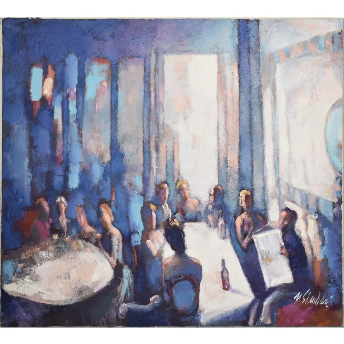 Nicola Simbari, Italian (1927-2012): Nicola Simbari, Italian (1927-2012) " Cafe de Paris" Oil on Canvas. Unframed. Depicting an interior scene of dinners at two tables with menus. Signed bottom right hand corner. Measures: 43" high, 47" 