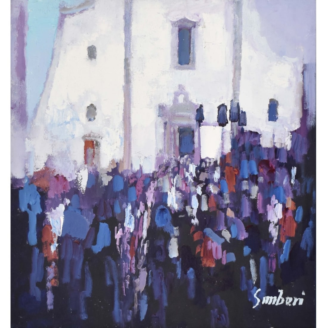 Nicola Simbari, Italian (1927-2012): Nicola Simbari, Italian (1927-2012) " Piazza del Duomo" Oil on Canvas. Framed. Depicting the front of an Italian church with figures. Signed bottom right hand corner. Image area measures: 42-1/2" high
