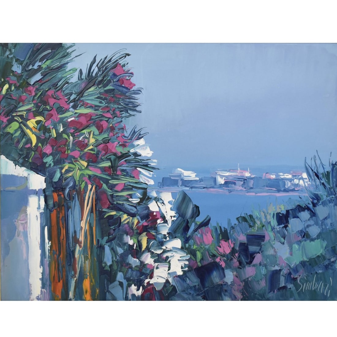 Nicola Simbari, Italian (1927-2012): Nicola Simbari, Italian (1927-2012) " Zaro" Oil on Canvas. Framed. Depicting an Italian landscape with flowers growing on a wall. Signed bottom right hand corner as well as a name plate to the front o