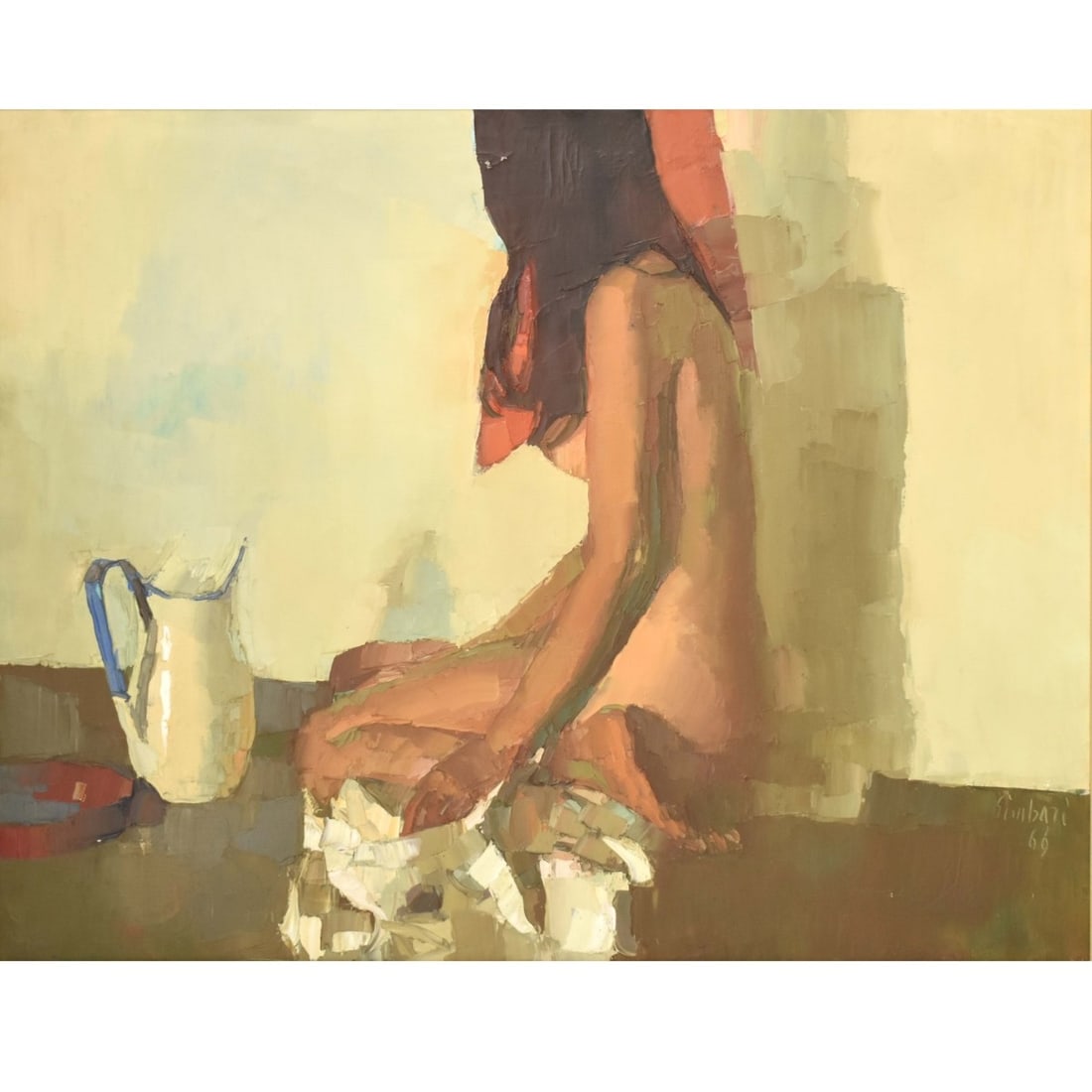 Nicola Simbari, Italian (1927-2012): Nicola Simbari, Italian (1927-2012) " Dopo II Bagno1969" Oil on Canvas. Framed. Depicting a female nude model sitting on a table with a pitcher in the foreground. Signed bottom right hand corner. Imag
