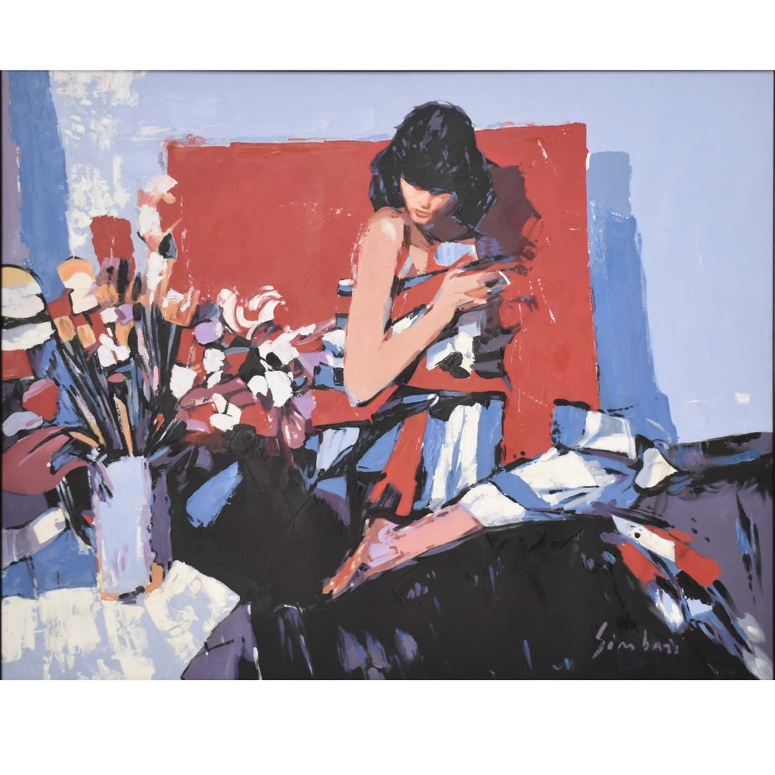 Nicola Simbari, Italian (1927-2012): Nicola Simbari, Italian (1927-2012) "Josephine" Oil on Canvas. Framed. Depicting a well dressed female looking down at a bouquet of flowers resting on a table. Signed bottom right hand corner. Image a