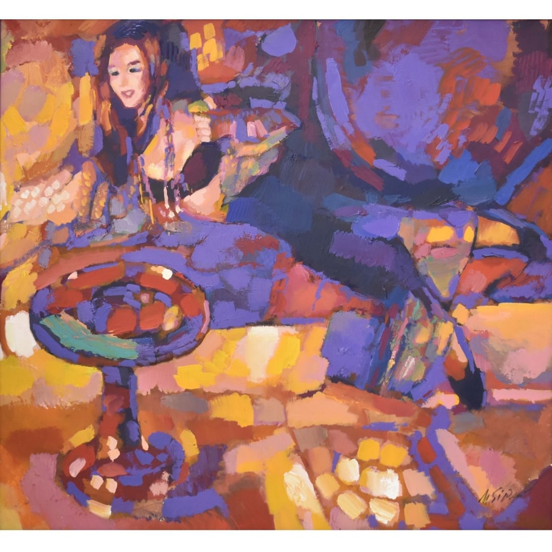 Nicola Simbari, Italian (1927-2012): Nicola Simbari, Italian (1927-2012) " Pamela" Oil on Paper. Framed. Depicting an interior scene of a young lady wearing a bustier and long skirt reclining on a chaise lounge and a small tea table in t