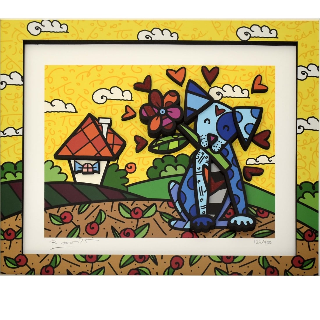 Romero Britto, American (b.1963): Romero Britto, American (b.1963) "No Place Like Home" Serigraph 3-D Mixed Media. Widow box frame with Plexiglass. Signed and numbered "124/950" in pencil with blind stamp lower left. Viewing area meas