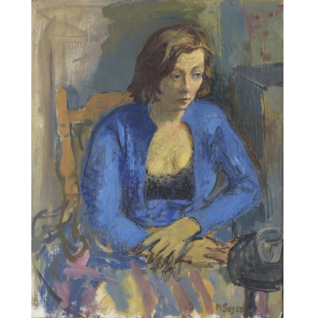 Moses Soyer, American (1898-1974): Moses Soyer, American (1898-1974) "Woman in Blue" Oil on Canvas. Framed. Depicting a woman in a blue dress with her hands crossed with a cup placed on a small tea table. Signed bottom right hand corne