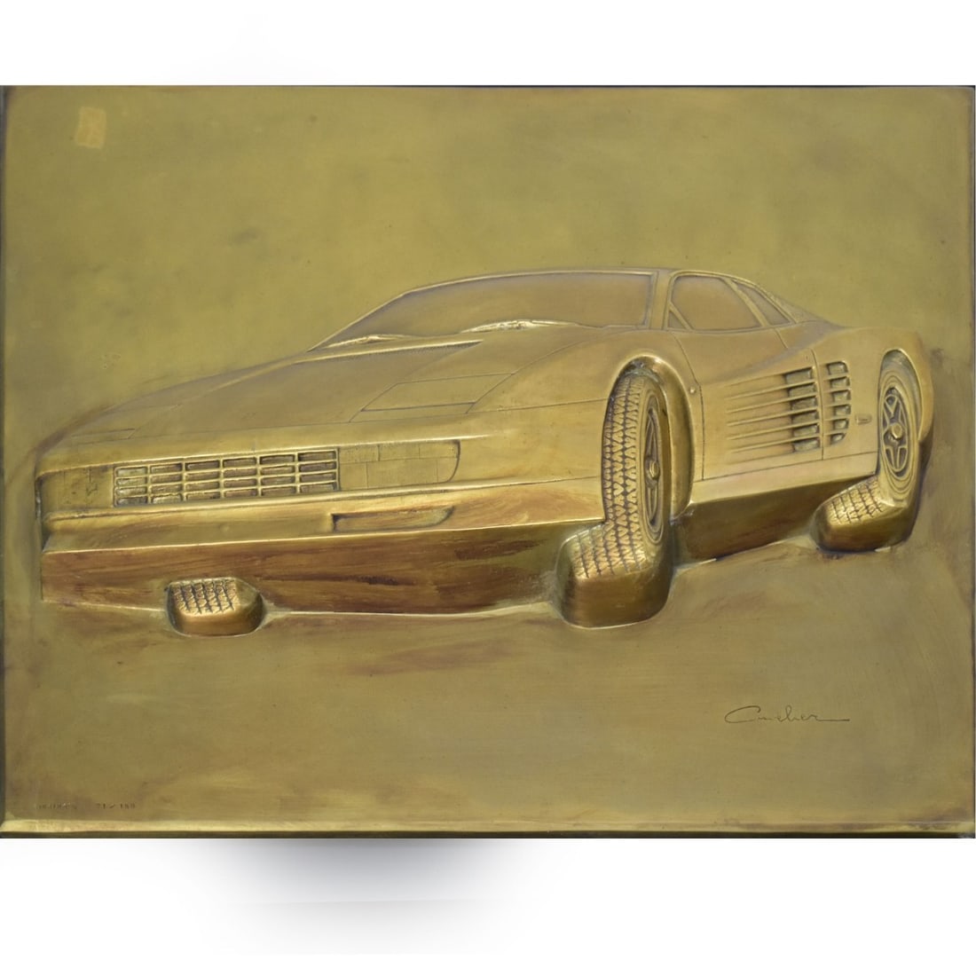 Ferrari Testarossa Gold Patinated Bronze Plaque: Ferrari Testarossa Gold Patinated Bronze Plaque in High Relief. Artist signed bottom right-hand corner (illegible). Stamped and numbered 21/150 bottom left-hand corner, cast by Airaindor Valsuani,