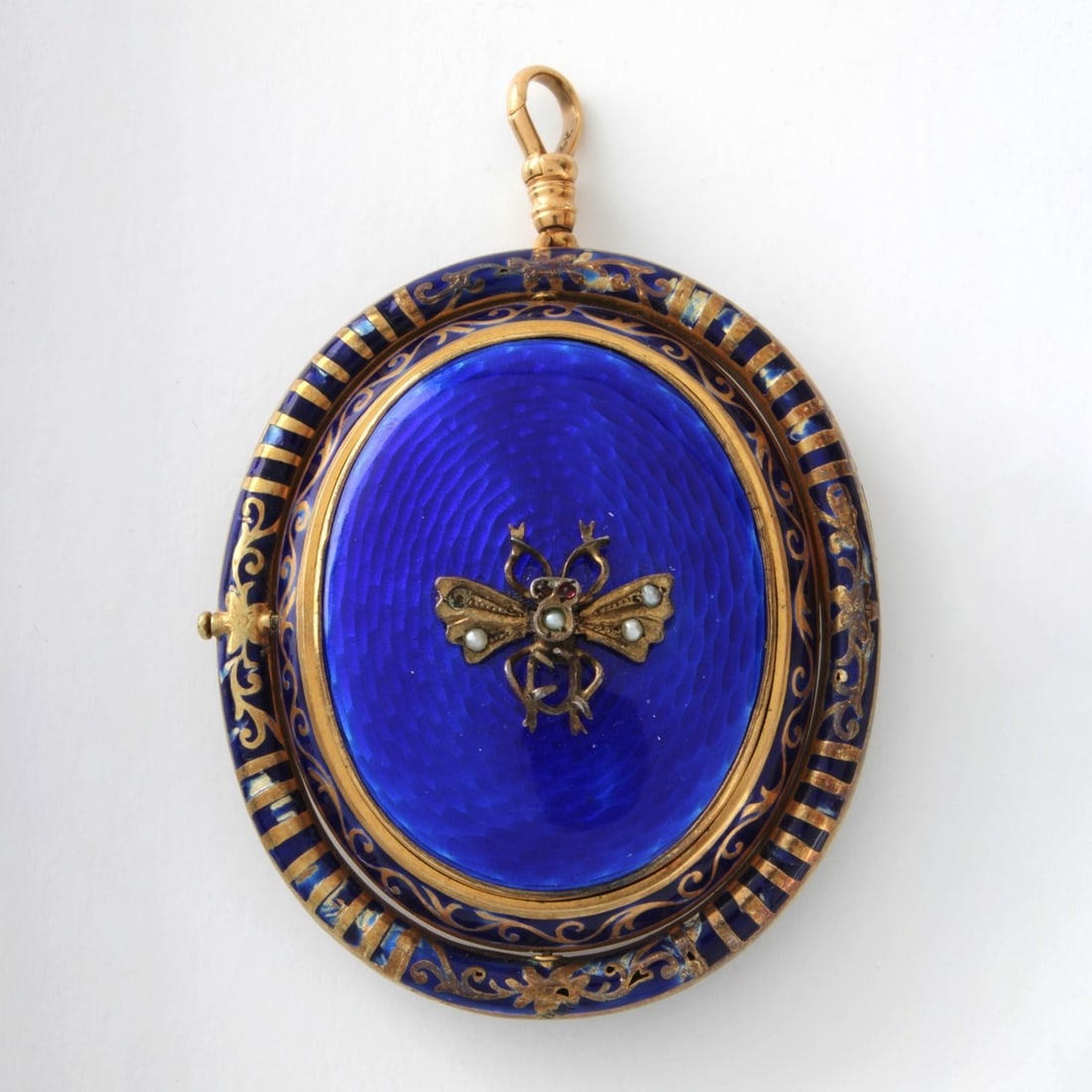 Pearl, Enamel and 14K Pendant: Large Antique Natural Pearl, Enamel and 14 Karat Yellow Gold Large Reversible Pendant. Blue guilloche enamel center panels, flower on one side and a fly on the other side. Measures 3" L, 1-7/8" W. App