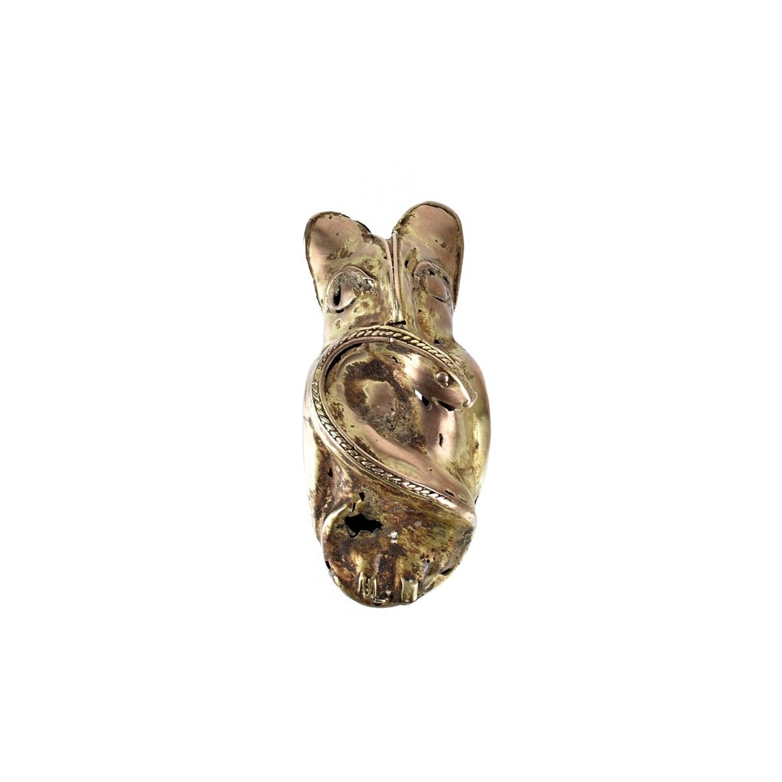 Ancient 9K Gold Pendant: Rare Ancient 9 Karat Yellow Gold Figural Owl with Serpent Pendant with Hollowed Out Compartment to Verso. Measures 2-1/8" H, 1" W. Approx. weight: 14.75 grams. Kodner Galleries offers phone and
